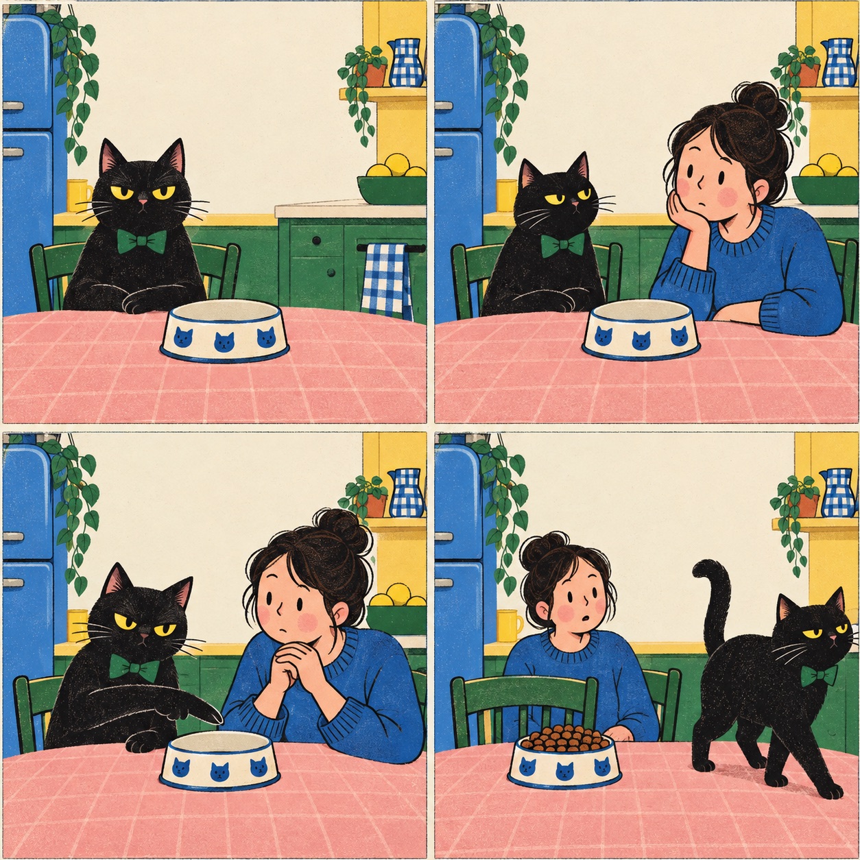 A deadpan hand-drawn four-panel comic about a black cat and an empty bowl